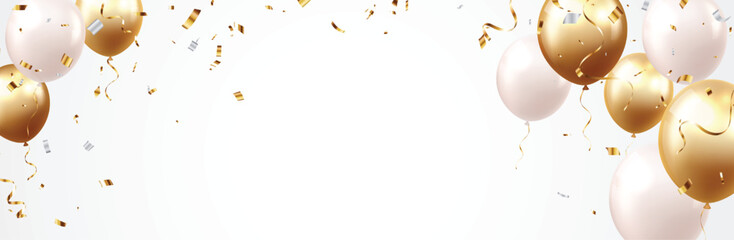 Celebration banner with gold and silver confetti with balloons