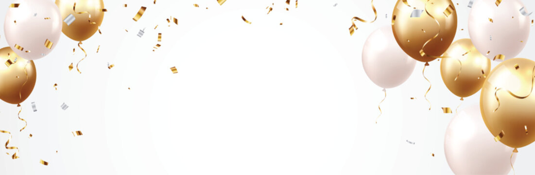 Celebration banner with gold and silver confetti with balloons