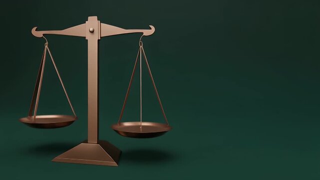Justice Balance Scale Spinning on green background with golden metal material