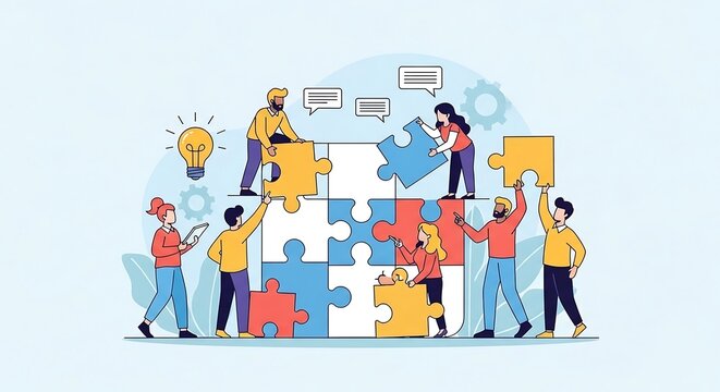 Cartoon collaborators completing puzzle together