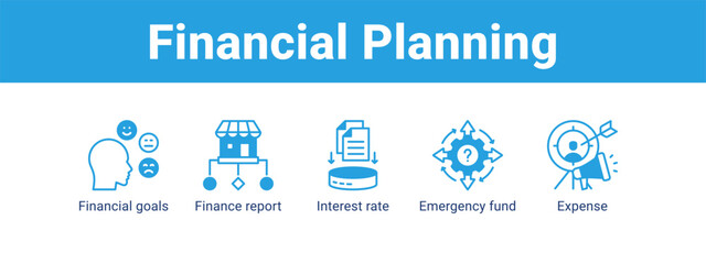 Financial Planning web banner icon vector illustration concept ,  with icon of Financial goals, Finance report, Interest rate, Emergency.