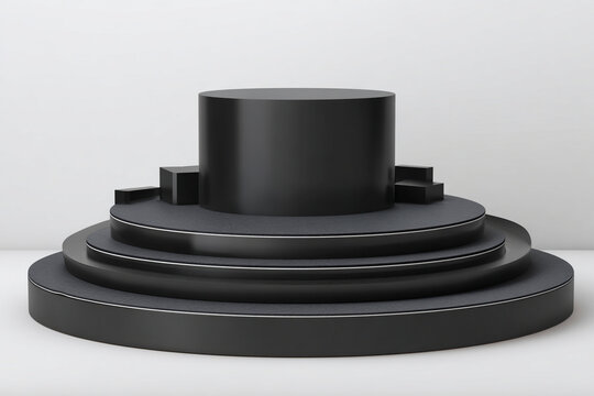 A stack of round black platforms of varying sizes on a white background