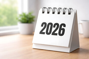 White desk calendar displaying year 2026 on a wooden table symbolizing planning organization time management and future scheduling