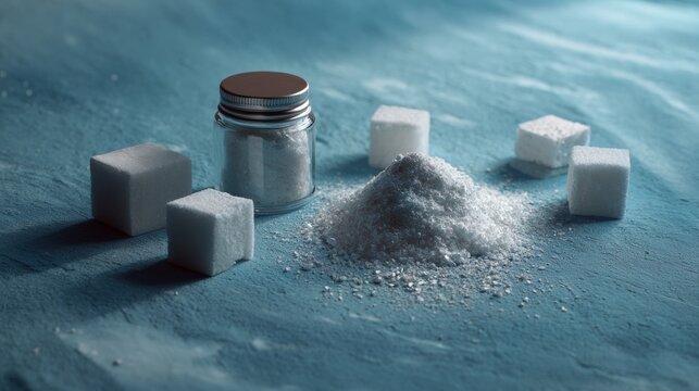 Glass jars and cubes with white powder on blue surface representing ingredient or cosmetic formulation