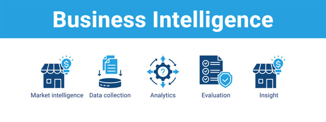 Business Intelligence web banner icon vector illustration concept ,  with icon of Market intelligence, Data collection, Analytics.