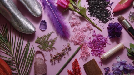 Flatlay of colorful beauty tools pigments and leaves creating artistic cosmetic composition on purple background