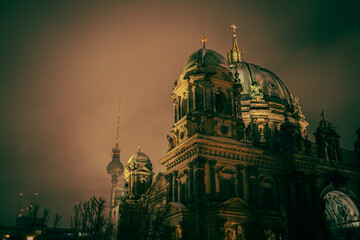 Iconic Berlin Cathedral Covered in Snow at Winter Time night