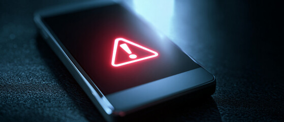 A smartphone displays a warning sign with a red exclamation mark