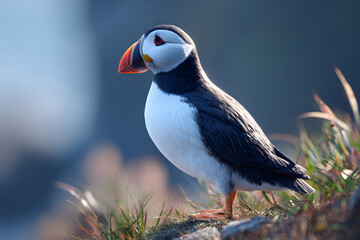 Vibrant Atlantic Puffin, magnificent seabird, showcases colorful beak and distinctive plumage. This beautiful wild bird stands in natural habitat, a true symbol of wildlife and nature.