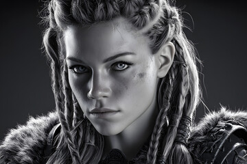 A striking monochrome portrait captures a fierce warrior woman. Her intense Viking gaze and intricate braids highlight an enduring strength, embodying a powerful fantasy figure.