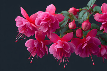 Vibrant Pink Fuchsia Flower Blossom Plant with Green Leaves and delicate Buds, showcasing Nature's Floral beauty in a stunning closeup.