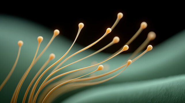 Microscopic spores or stamens with orange tips on thin stems against blurred teal background, biology and botany concept illustration