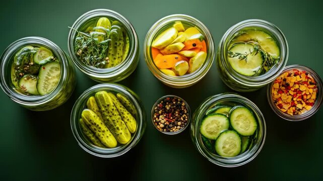 Brightly colored jars with fresh pickles, cucumbers, and condiments ready for use in various culinary creations.