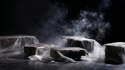 Dramatic lighting on stone blocks with smoke simulating futuristic industrial landscape setting