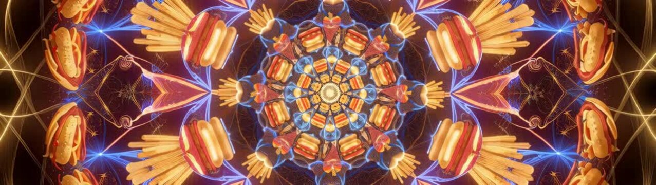 Hot dogs and french fries creating vibrant, abstract, geometric mandala design.