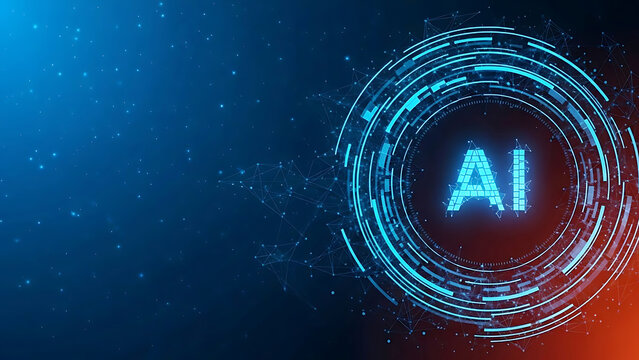 A futuristic digital illustration of the letters AI in a blue circle on a dark background - Powered by Adobe