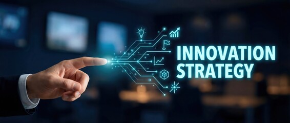 Innovation Strategy: Hand Touching Digital Interface with Business Icons