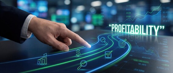 Profitability Concept: Hand Touching Digital Interface with Business Icons