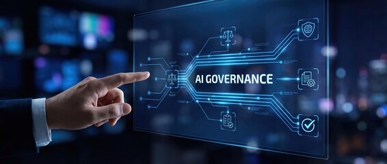 AI Governance: Hand Touching Digital Interface with Legal and Ethical Icons