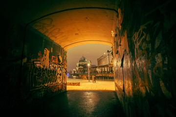 Iconic Berlin Cathedral Covered in Snow at Winter Time night