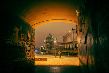 Iconic Berlin Cathedral Covered in Snow at Winter Time night