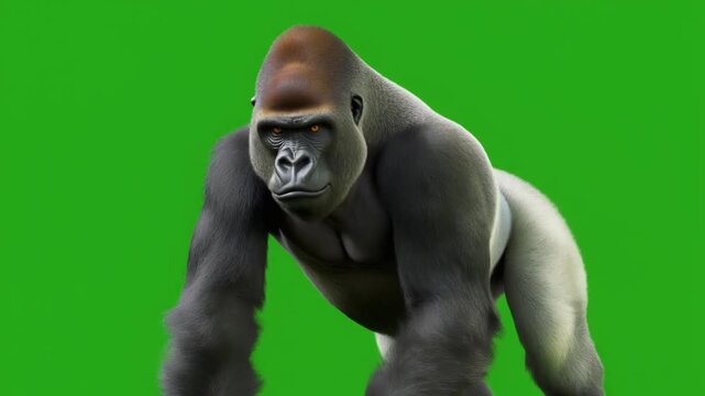 "Muscular digital gorilla in quadrupedal stance on green screen background."