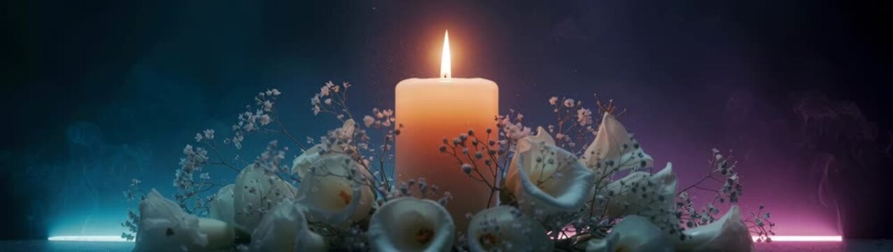 Burning candle illuminates white flowers with soft glowing light, symbolizing mourning.
