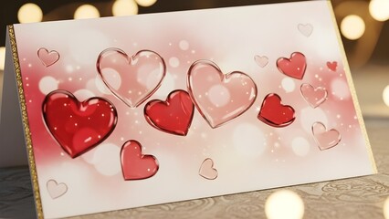 Valentine's Day card with floating, translucent hearts in a spectrum of reds, set within a luminous bokeh atmosphere