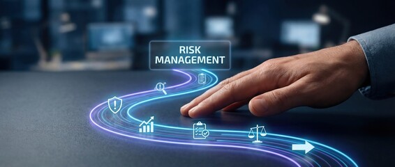 Risk Management: Businessman activating virtual button, security, compliance, and risk assessment process on futuristic interface.