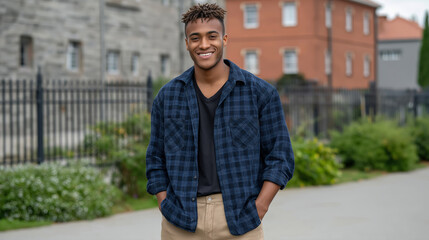Fototapeta premium Smiling young man in casual shirt walking through city neighborhood modern lifestyle and male portrait