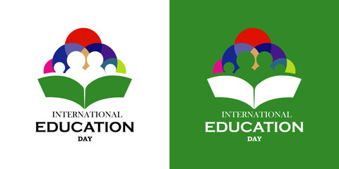 Vibrant International Education Day logos featuring a globe and open book, symbolizing global learning and literacy.