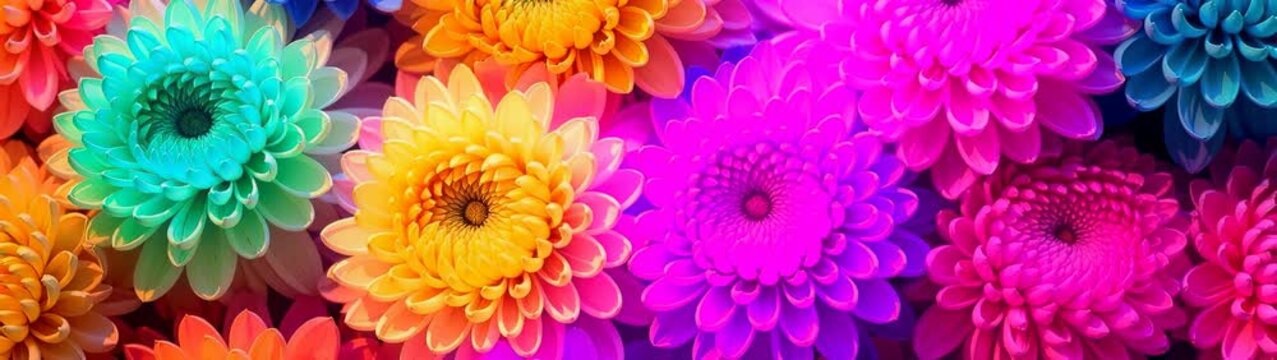Colorful chrysanthemums forming vibrant floral pattern with gradient hues.