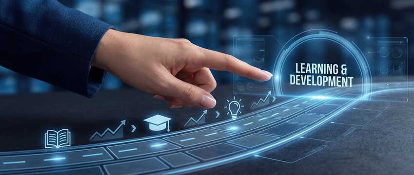 Learning & Development: Businessman pushes virtual button, skills, knowledge, and employee training on futuristic interface.