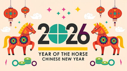 Obraz premium Celebrate the 2026 Year of the Horse with vibrant decorations for the exciting lunar new year festivities