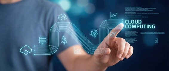 Cloud Computing: Businessman activating virtual button, data, storage, and cloud service on futuristic interface.