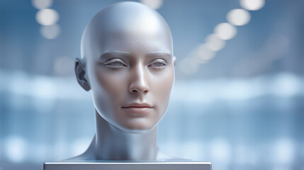 Futuristic silver humanoid head in blue lab environment artificial intelligence interface and robotics research concept