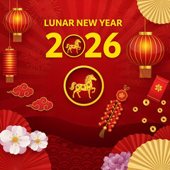Naklejka premium Happy Lunar New Year 2026 Greeting Card with Horse Symbol and Traditional Decorations