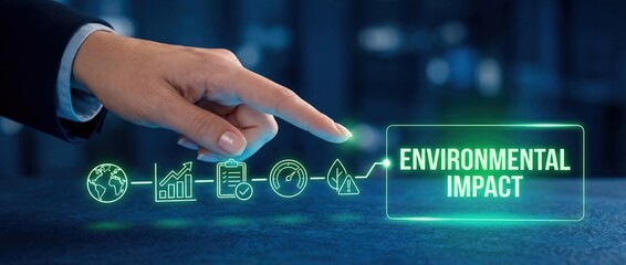 Environmental Impact: Businessman touching virtual button, green, sustainability, and environmental responsibility on futuristic interface.