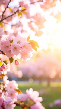 Gentle pink flowering tree branch blossoms blooming in spring sunlight outdoors in nature garden