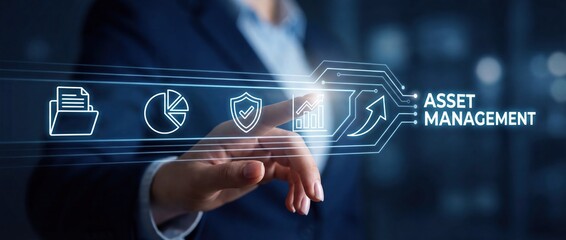 Asset Management: Hand Interacting with Digital Icons on Transparent Screen