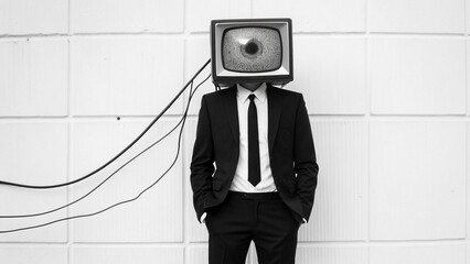 Businessman with a vintage television set replacing his head stands against a white tiled wall with dangling wires.
