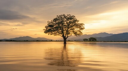 Solitary Tree Silhouetted Against Golden Sunset Over Calm Water Surface and Mountain Background