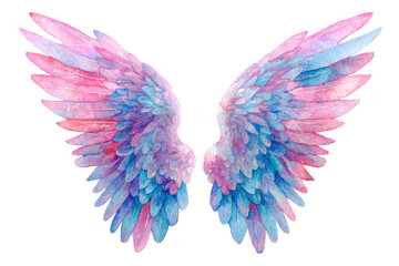 Obraz premium Vibrant Watercolor Angel Wings in Pastel Pink and Blue Hues Isolated on Transparent Background