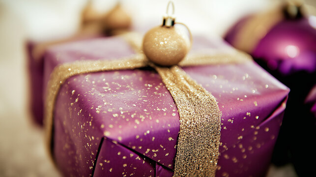 Elegant arrangement of festive holiday gifts and ornaments in rich red and gold tones with copy space, ai generated