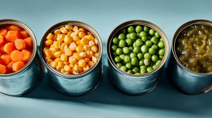 Four cans filled with vibrant vegetables showcase a delightful mix of carrots, corn, green peas, and a savory green mixture. A perfect addition to any meal prep