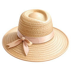 Elegant Straw Sun Hat With A Soft Pink Silk Ribbon Bow Isolated On White Background