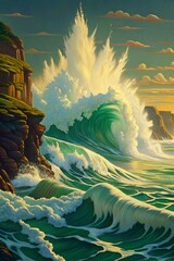 A massive, powerful ocean wave crashes violently against rugged coastal cliffs under a bright, partially cloudy sky at sunset.