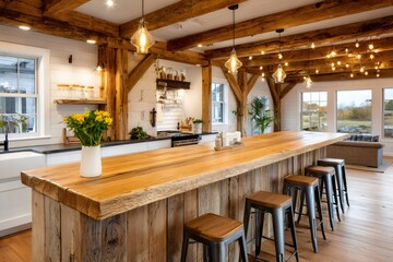 Farmhouse kitchen interior with rustic wooden island design