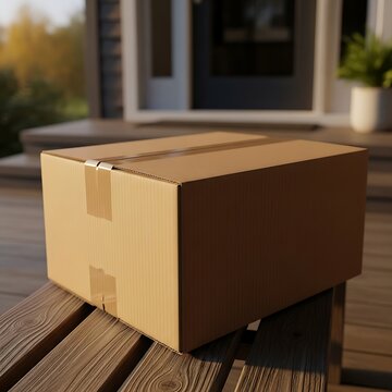 E-commerce shipping parcel resting on a rustic bench, perfect for representing small business deliveries and home-based shopping trends