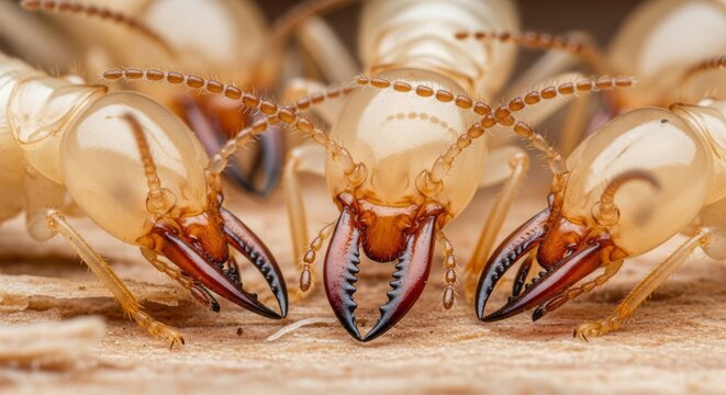 Isoptera termites crawling on wood surface, showing soft bodies and social insect behavior. A wood feeding insect group important in decomposition and ecosystem balance.